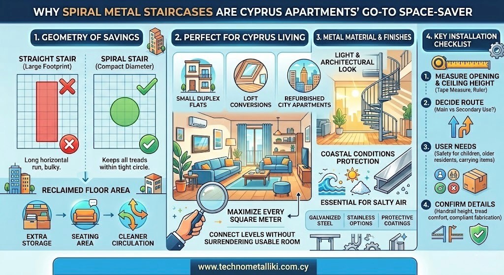 Space-saving spiral metal staircase design for modern homes and small spaces